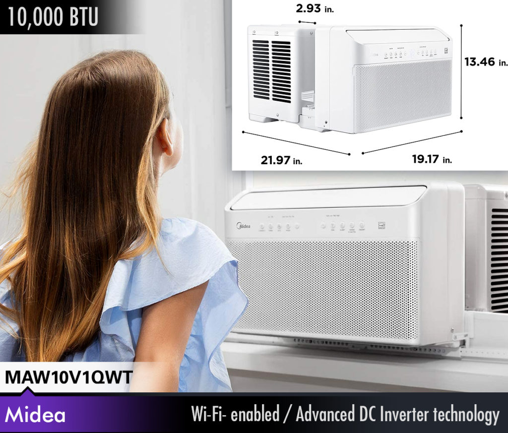 Midea MAW10V1QWT : Woman standing in front of window air conditioner