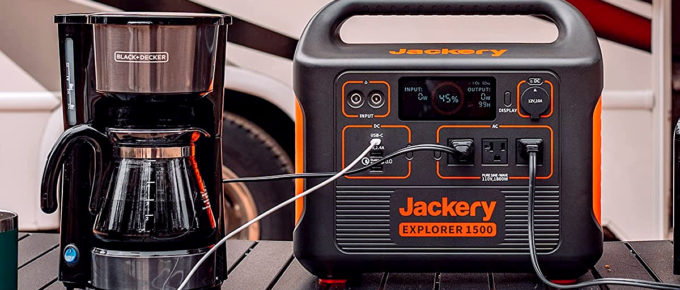 Jackery Portable Power Station Explorer 1500 powering a coffee maker.