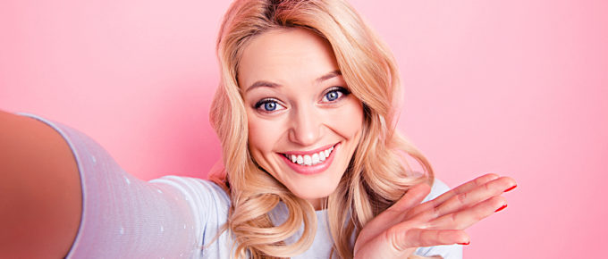 Toxic Positivity : Very happy beautiful woman with pink background